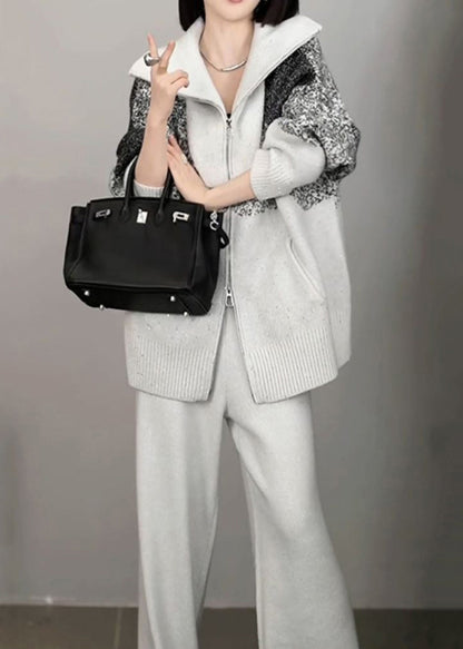 Organic Light Grey Print Zippered Cotton Knit Sweaters and Wide Leg Pants Two Pieces Set Winter