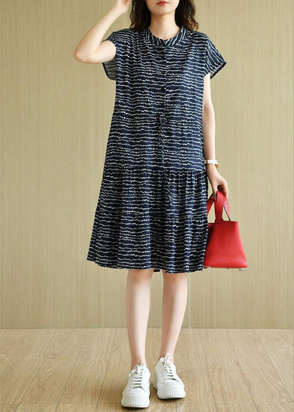 Organic Navy O-neck Button Print Summer Short Sleeve Dress