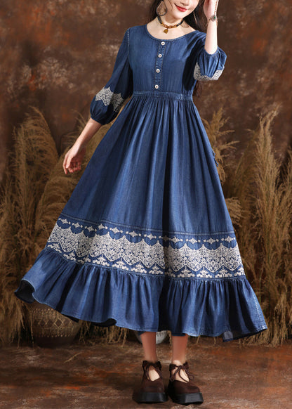 Organic Navy O-neck Wrinkled Elastic Waist Long Denim Dresses Bracelet Sleeve