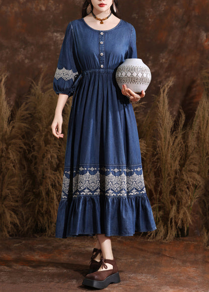 Organic Navy O-neck Wrinkled Elastic Waist Long Denim Dresses Bracelet Sleeve