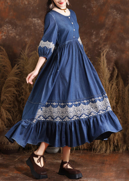 Organic Navy O-neck Wrinkled Elastic Waist Long Denim Dresses Bracelet Sleeve