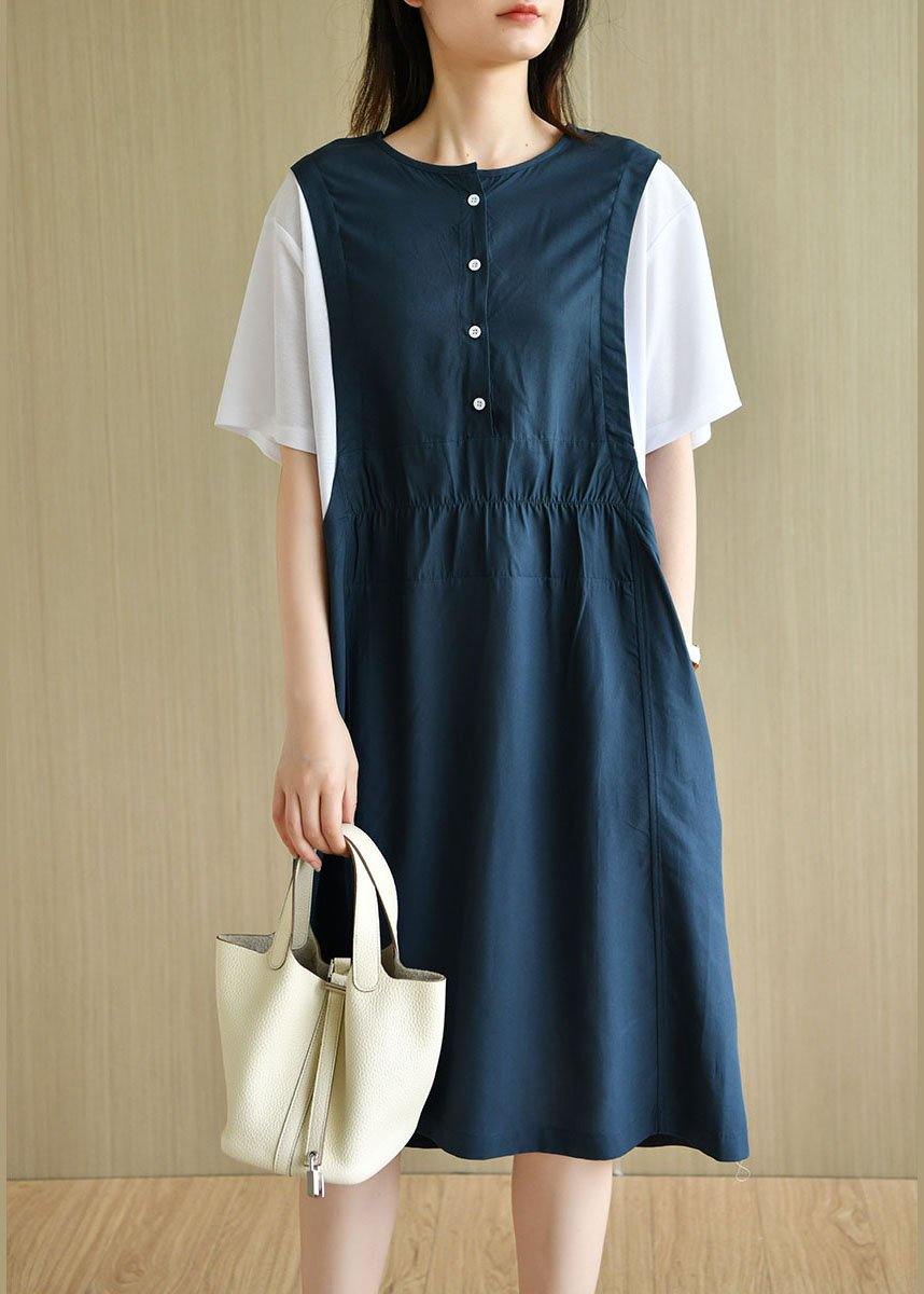 Organic Navy Patchwork Button Summer Short Sleeve Sundress