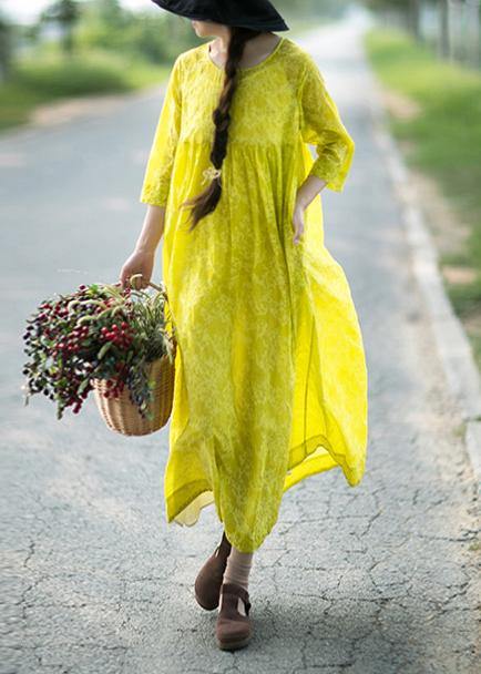 Organic O Neck Cinched Long Shirts Lnspiration Yellow Print Kaftan Dresses