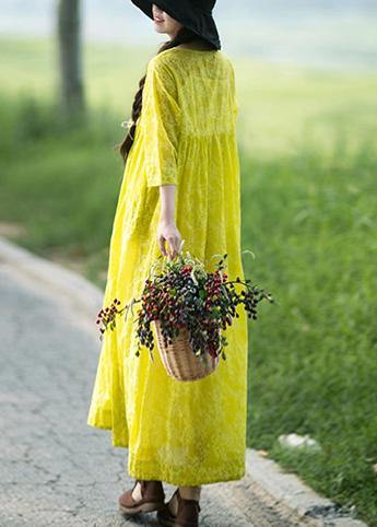 Organic O Neck Cinched Long Shirts Lnspiration Yellow Print Kaftan Dresses