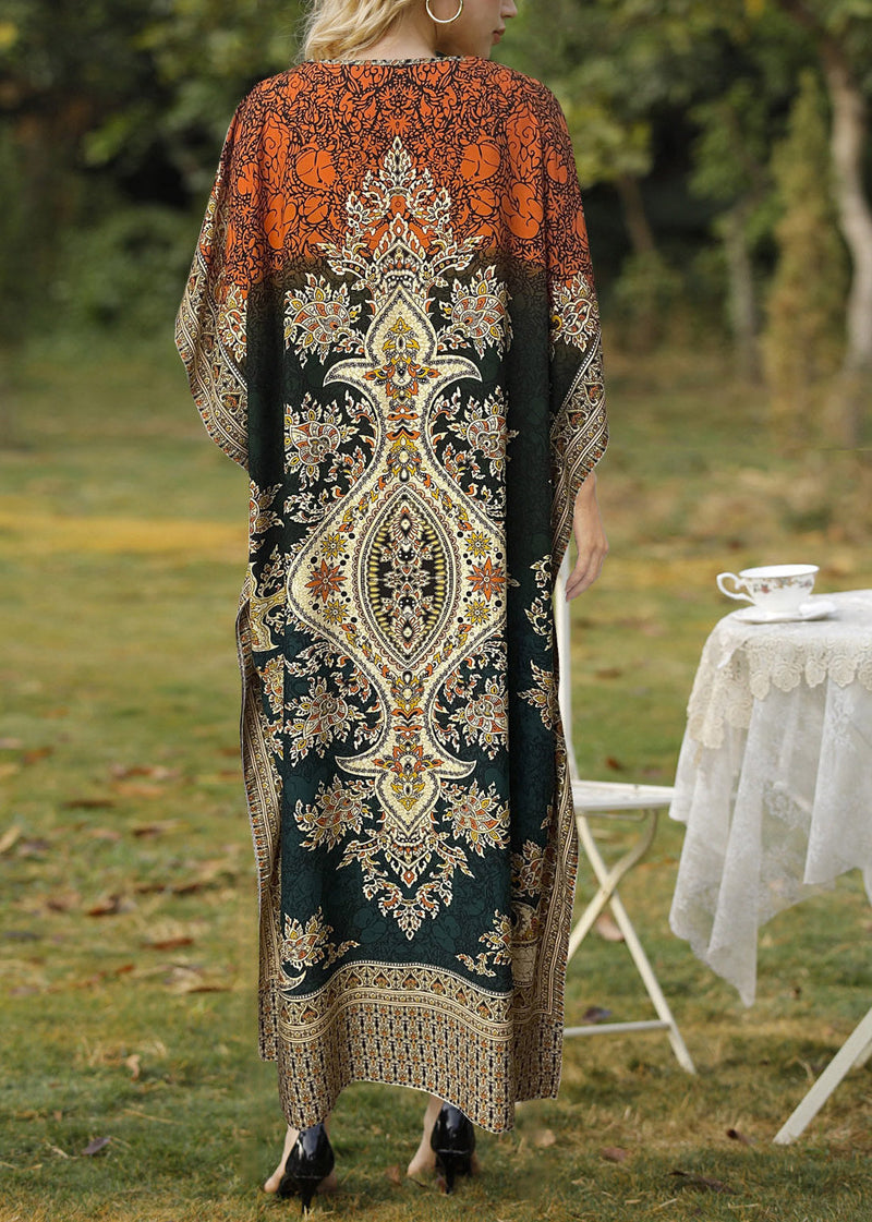 Organic Orange V Neck Side Open Long Dress Batwing Sleeve
