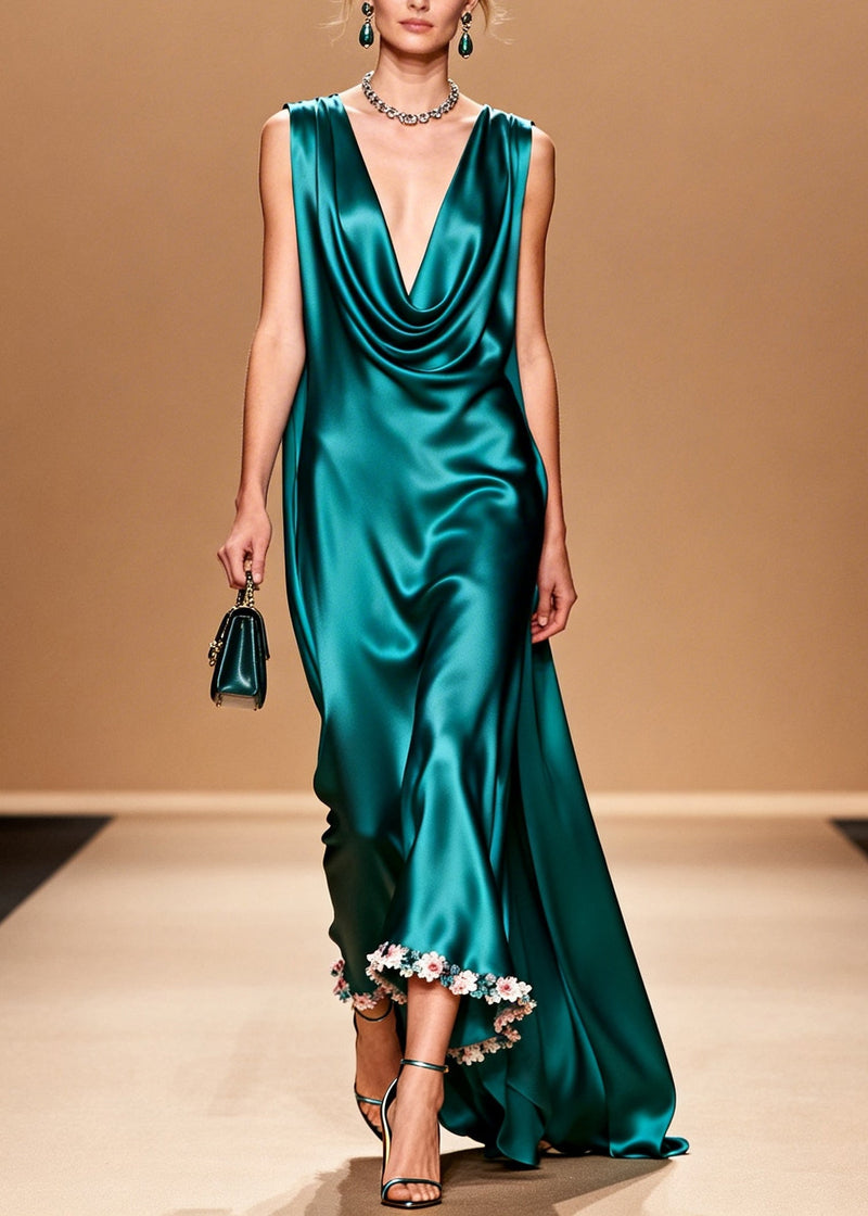 Organic Peacock Green Turtle Neck Silk Maxi Dress Summer