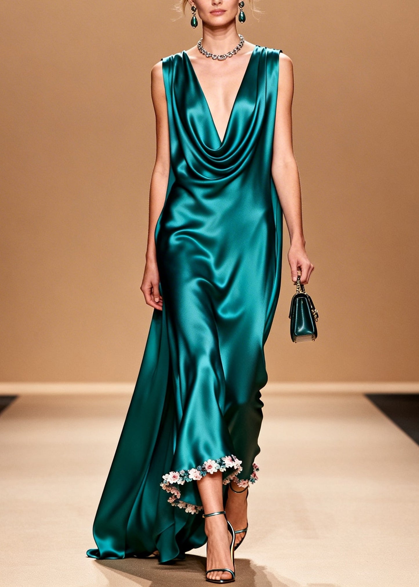 Organic Peacock Green Turtle Neck Silk Maxi Dress Summer