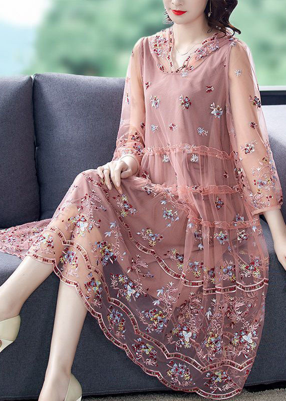 Organic Pink Hooded Embroideried Tulle a Line Dress Summer