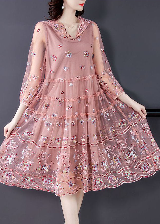 Organic Pink Hooded Embroideried Tulle a Line Dress Summer