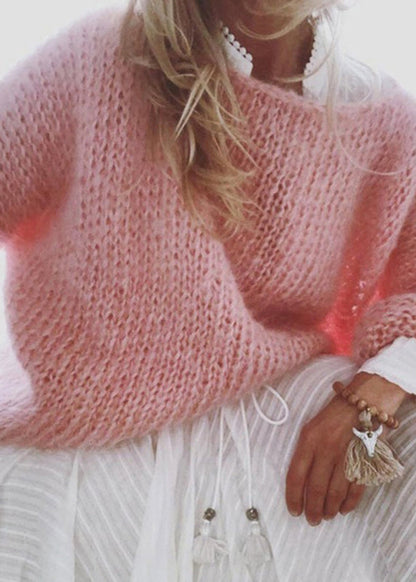 Organic Pink O-neck Ma Hai Mao Cotton Knitted Sweaters Tops Fall