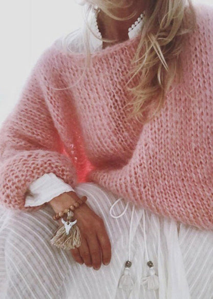 Organic Pink O-neck Ma Hai Mao Cotton Knitted Sweaters Tops Fall