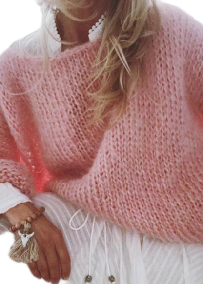 Organic Pink O-neck Ma Hai Mao Cotton Knitted Sweaters Tops Fall