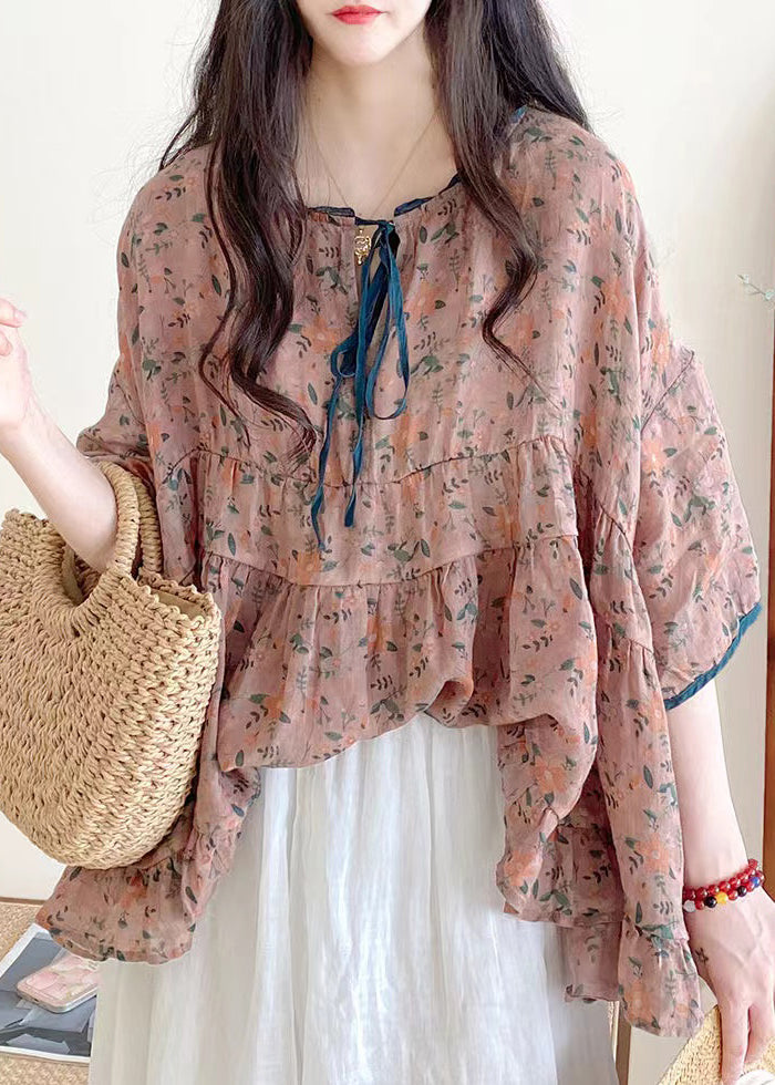 Organic Black Polka Dots Ruffled Print Lace Up Cotton Shirts Half Sleeve