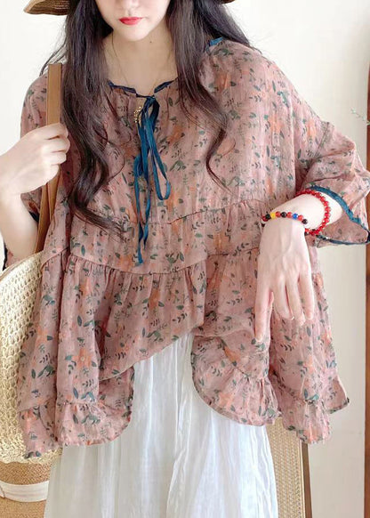 Organic Brown Texture Ruffled Print Lace Up Cotton Shirts Half Sleeve
