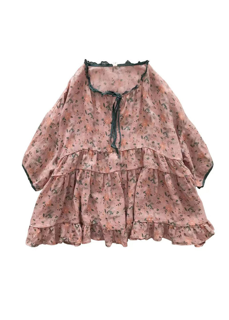 Organic Black Polka Dots Ruffled Print Lace Up Cotton Shirts Half Sleeve