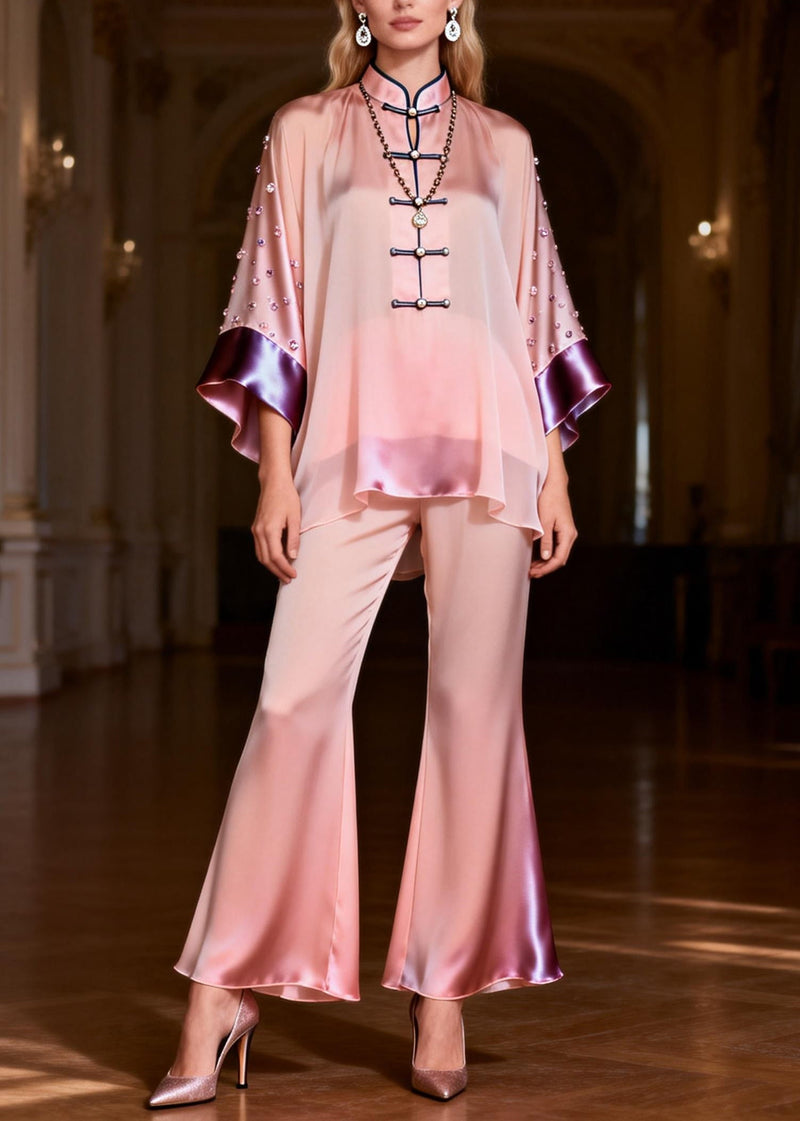 Organic Pink Stand Collar Zircon Silk Top and Flared Trousers Two-piece Set Spring