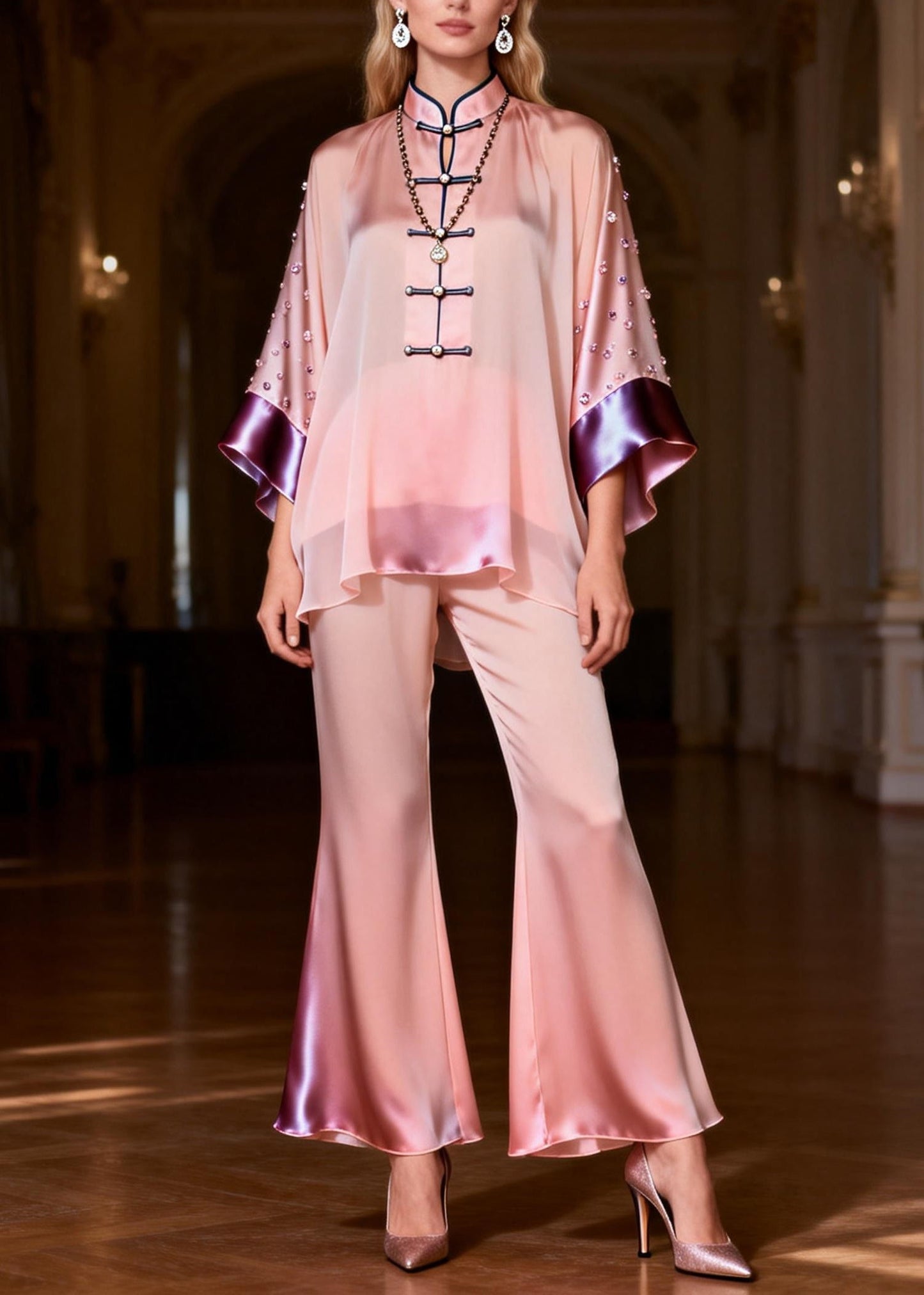 Organic Pink Stand Collar Zircon Silk Top and Flared Trousers Two-piece Set Spring