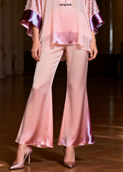 Organic Pink Stand Collar Zircon Silk Top and Flared Trousers Two-piece Set Spring