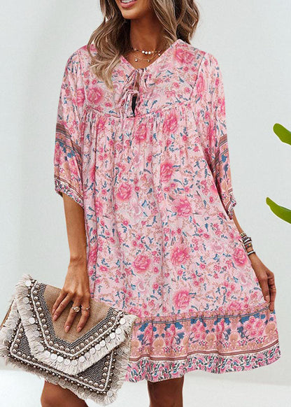 Organic Pink Wrinkled Patchwork Holiday Mid Dress Summer