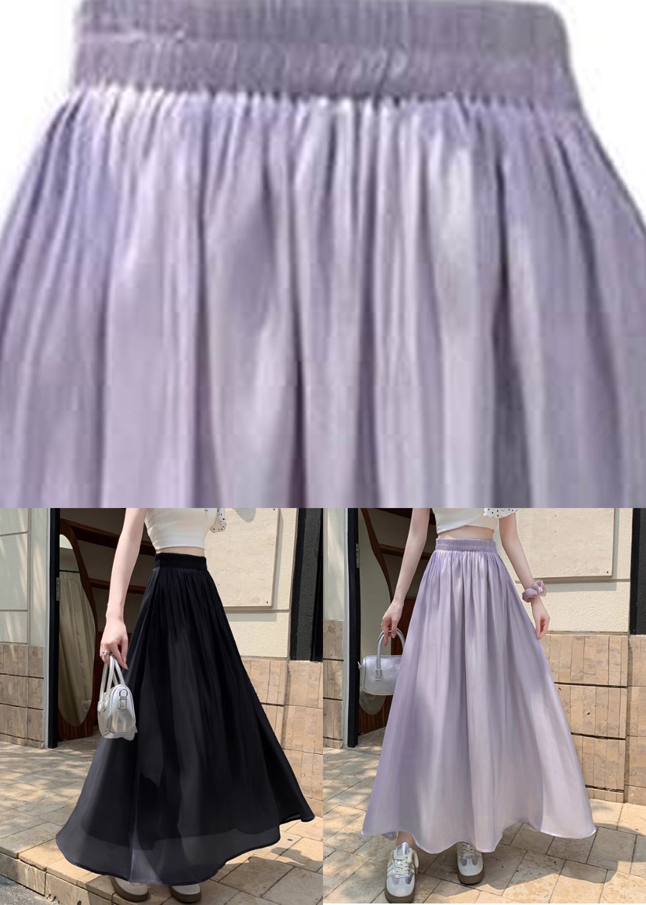 Organic Purple Elastic Waist Silk a Line Skirt Summer