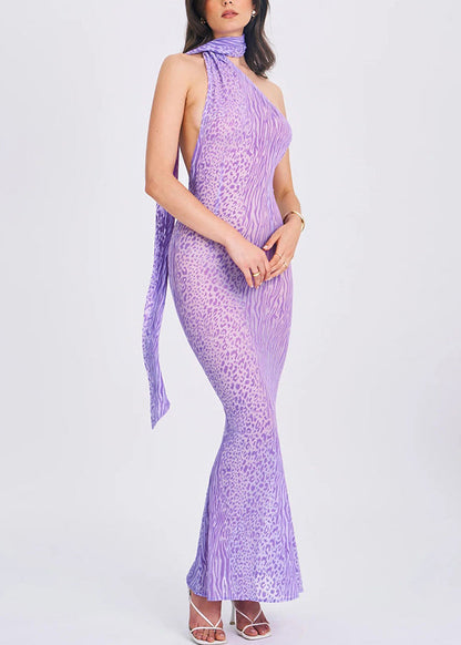 Organic Purple Leopard Print Cold Shoulder Tulle Long Dresses Summer
