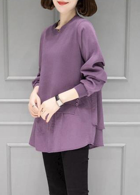 Organic Purple O-neck Patchwork Thick Knit Sweater Fall