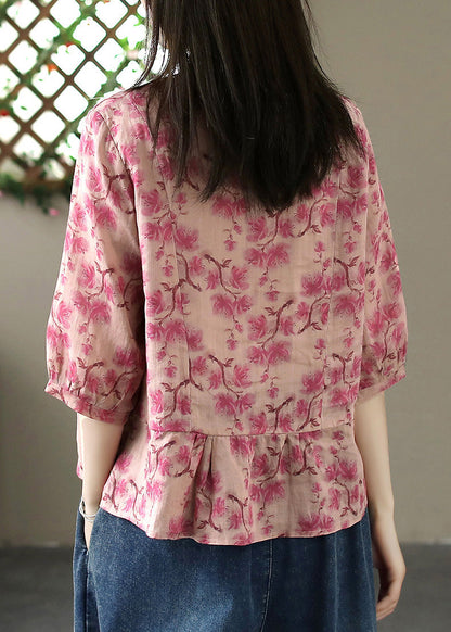 Organic Purple O-neck Print Wrinkled Linen Shirt Summer
