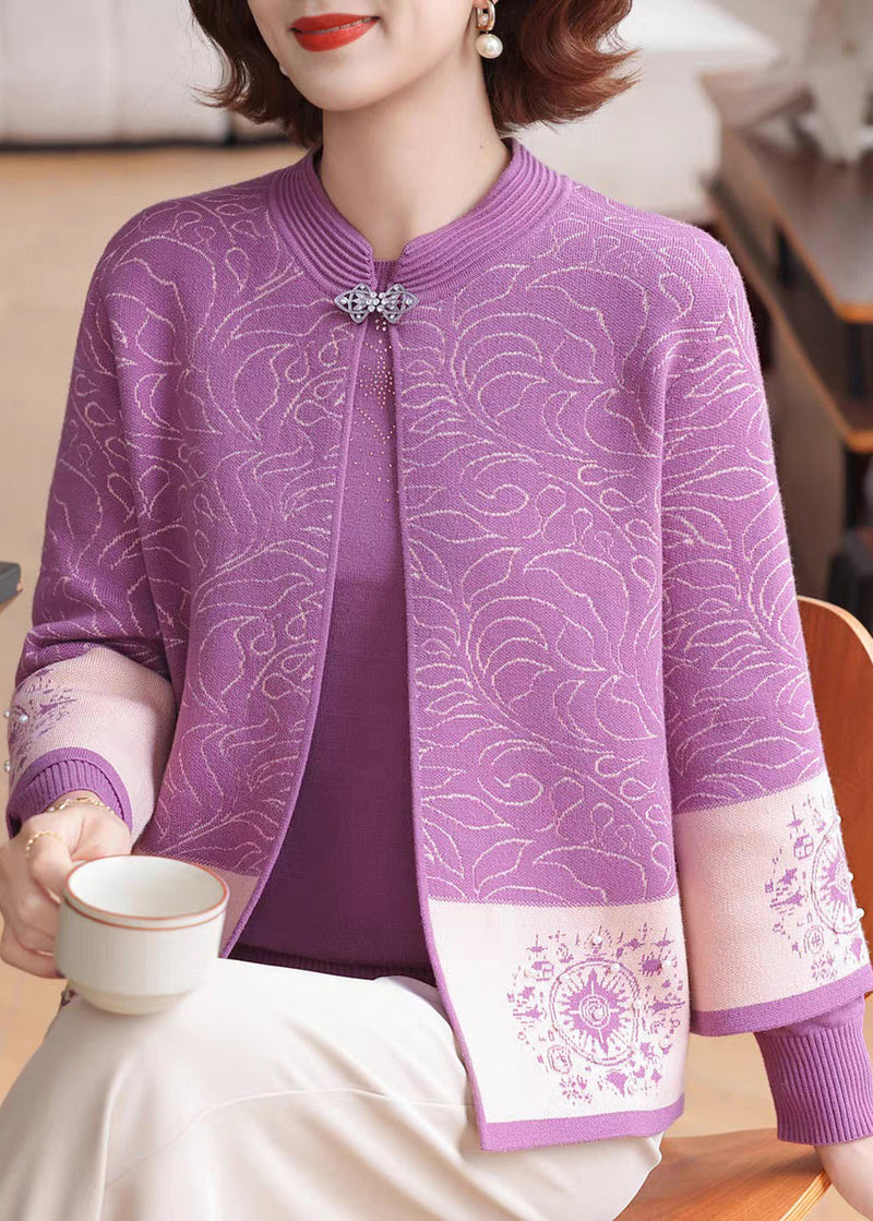 Organic Purple Patchwork Knit Cardigans and Sweaters Two Pieces Set Three Quarter Sleeve