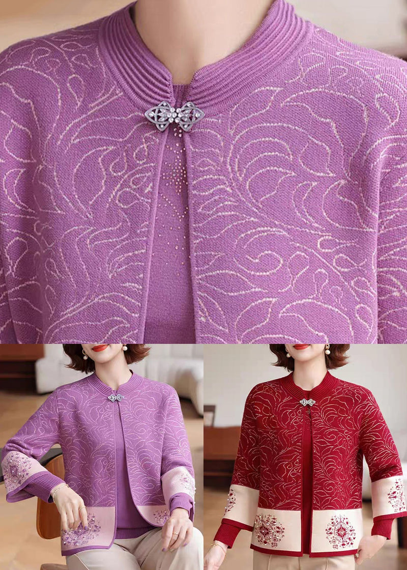 Organic Purple Patchwork Knit Cardigans and Sweaters Two Pieces Set Three Quarter Sleeve