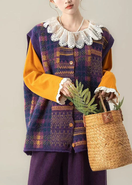 Organic Purple Plaid O-neck Cotton Knit Waistcoat Sleeveless