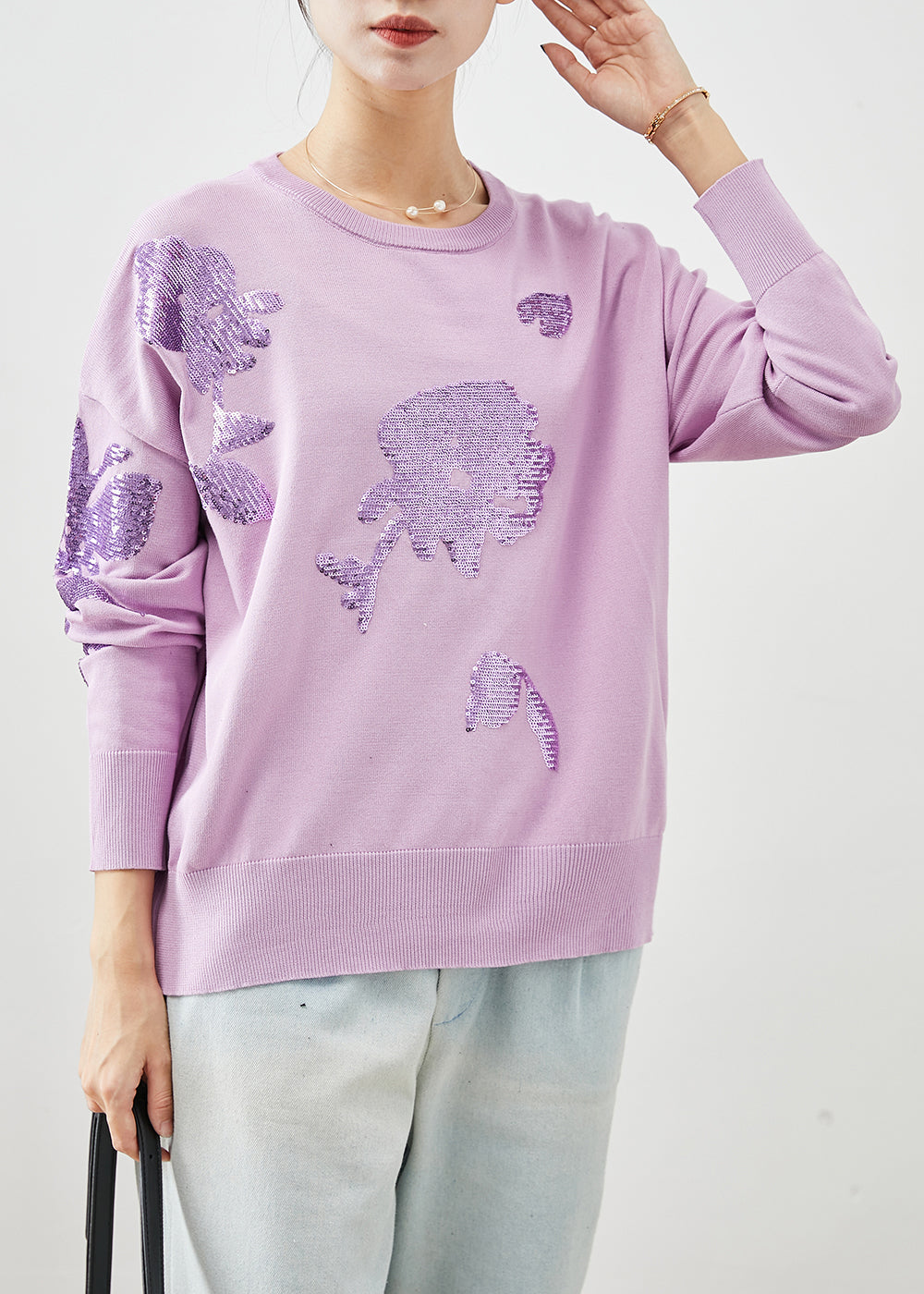 Organic Purple Sequins O-neck Knit Sweater Winter