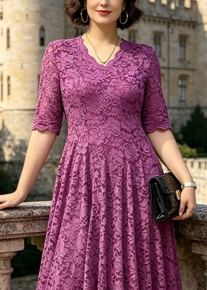Organic Purple V Neck Lace Long Dress Summer
