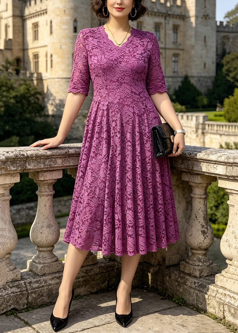 Organic Purple V Neck Lace Long Dress Summer