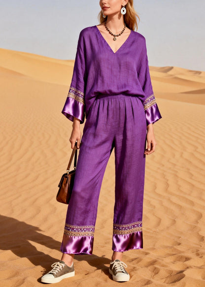 Organic Purple V Neck Patchwork Silk Cotton Two Piece Set Spring