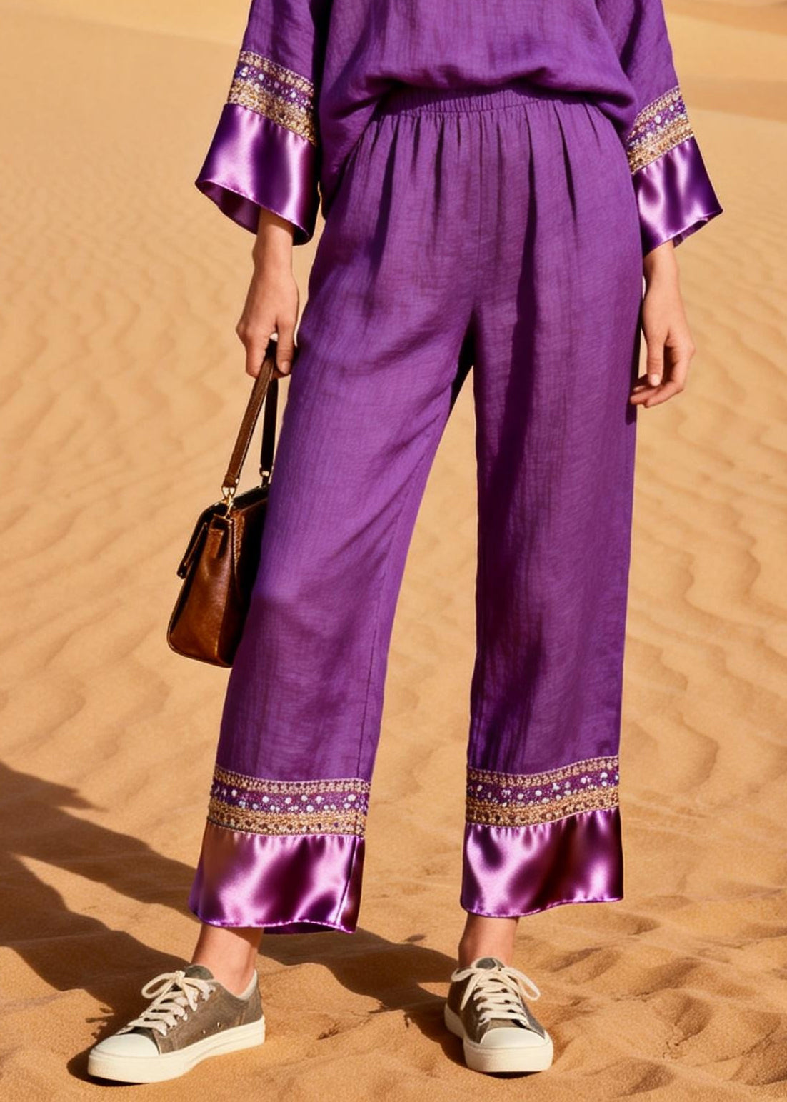 Organic Purple V Neck Patchwork Silk Cotton Two Piece Set Spring