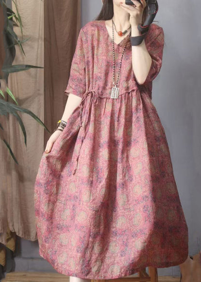 Organic Red Cinched Print Linen Dresses Summer