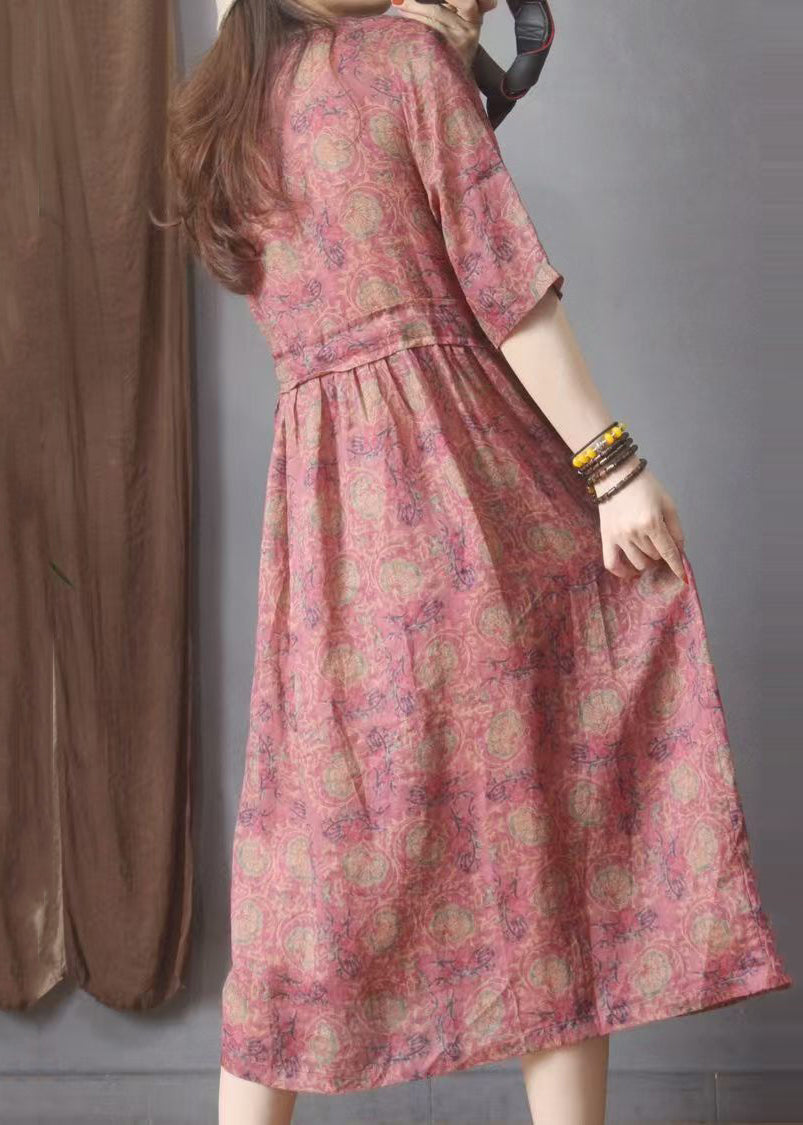 Organic Red Cinched Print Linen Dresses Summer