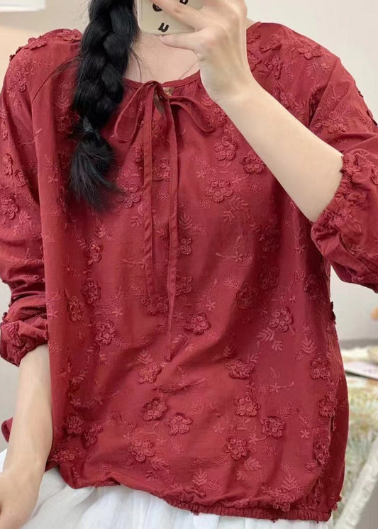 Organic Red O-neck Embroidered Cotton Tops Spring