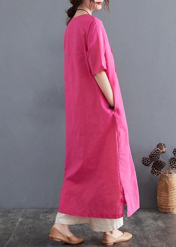 Organic Rose Side Open Cotton Linen Summer Vacation Dresses