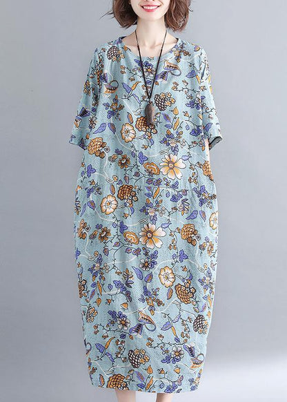 Organic Royal Blue Print O-neck Cotton Linen Robe Dresses Summer