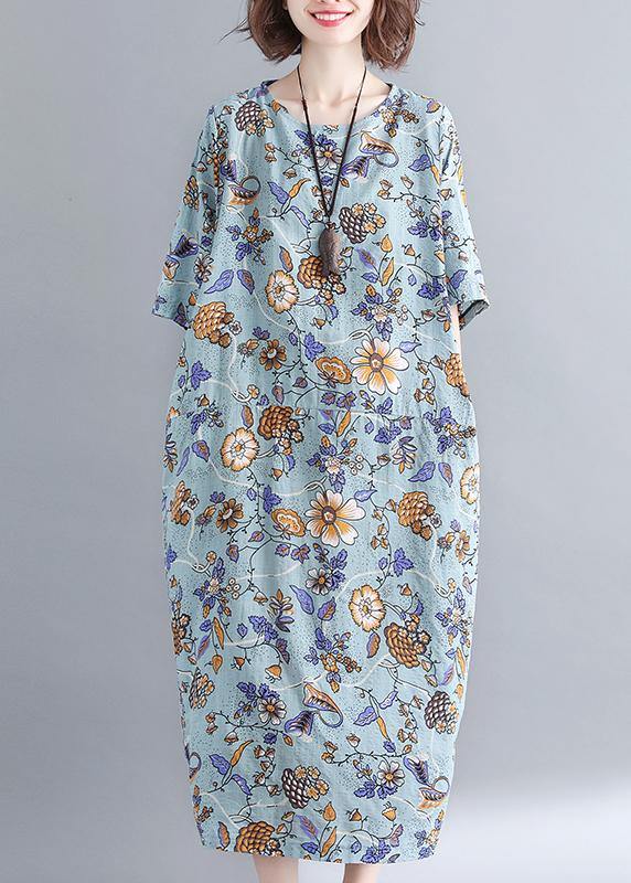 Organic Royal Blue Print O-neck Cotton Linen Robe Dresses Summer