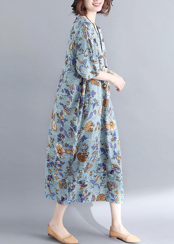 Organic Royal Blue Print O-neck Cotton Linen Robe Dresses Summer
