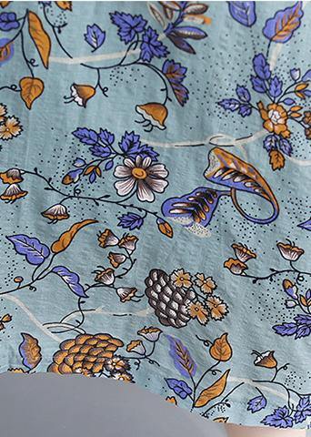 Organic Royal Blue Print O-neck Cotton Linen Robe Dresses Summer