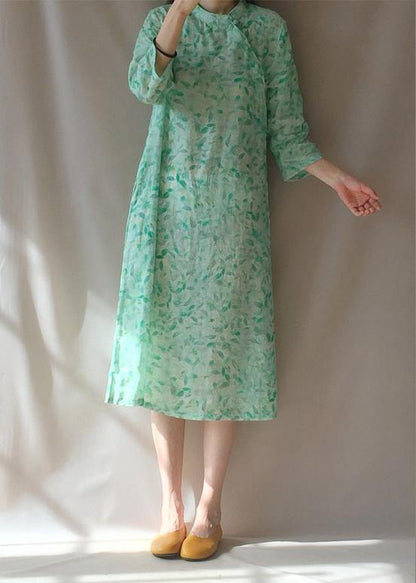 Organic Stand Collar Pockets Tunics Work Outfits Green Leaves Robe Dress