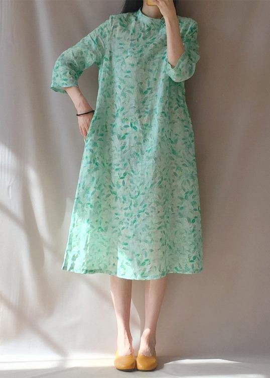 Organic Stand Collar Pockets Tunics Work Outfits Green Leaves Robe Dress