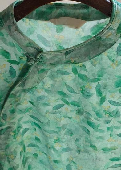 Organic Stand Collar Pockets Tunics Work Outfits Green Leaves Robe Dress