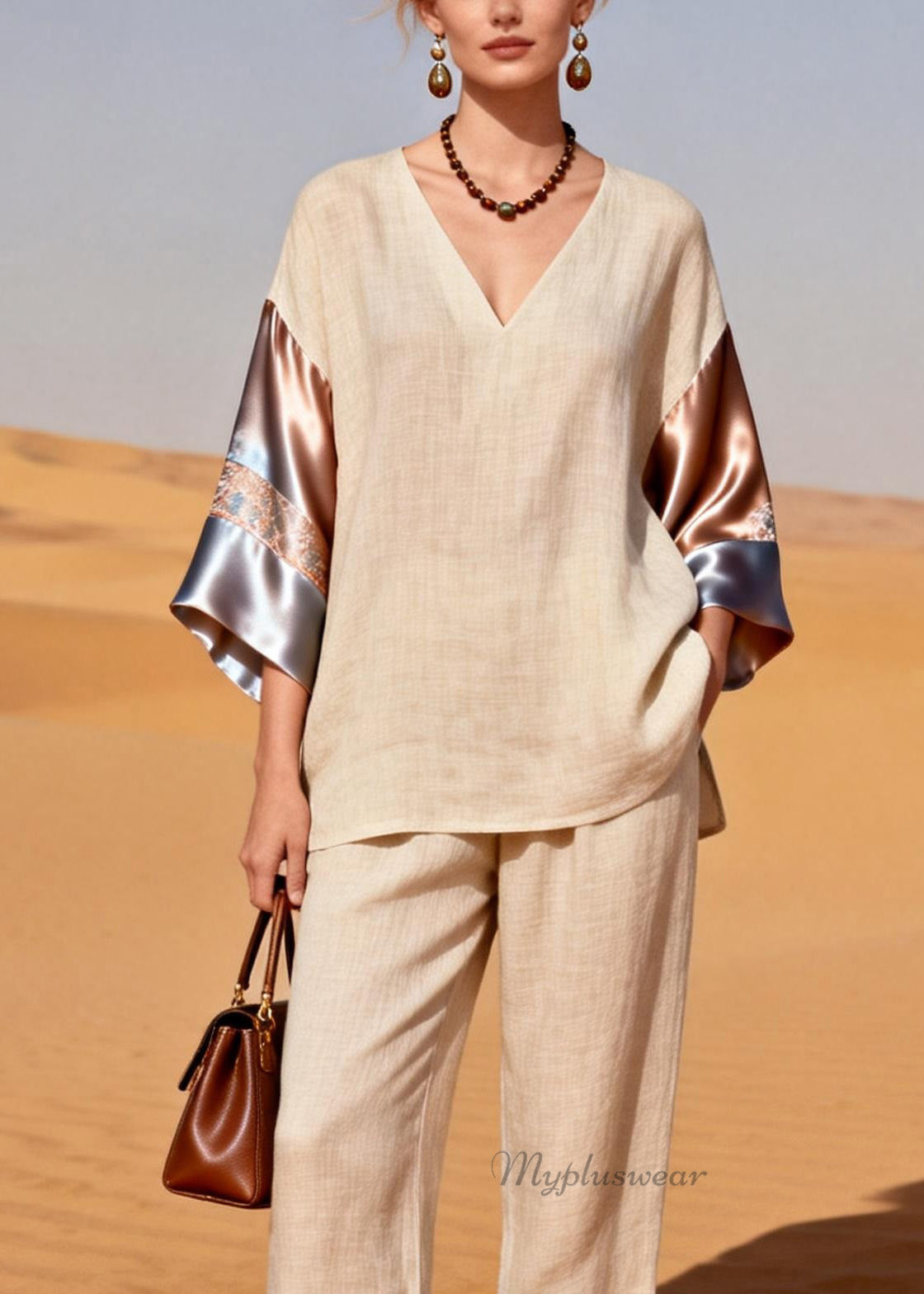 Organic V Neck Patchwork Linen Silk Two Pieces Set Summer