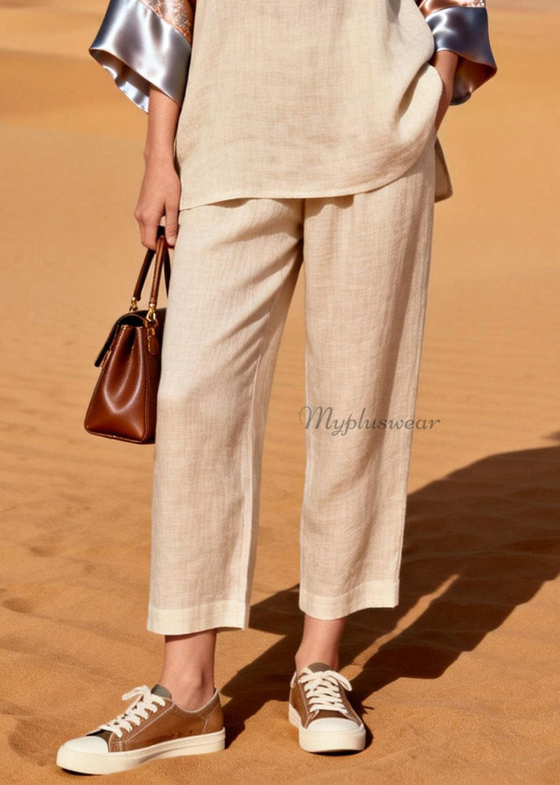 Organic V Neck Patchwork Linen Silk Two Pieces Set Summer