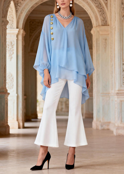 Organic V Neck Top and Pants Chiffon Two Piece Set Outfits Spring