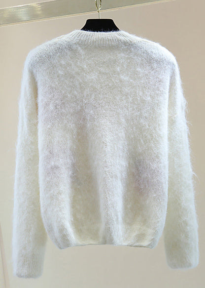 Organic White Embroidered Nail Bead Cotton Knit Sweaterswinter